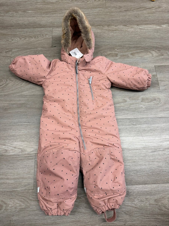 H&M Dusty Pink Polka Dot One-Piece Snowsuit – 12–18M | Double Zipper Faux Fur Hood | Play - Nest and Sprout-Consignment
