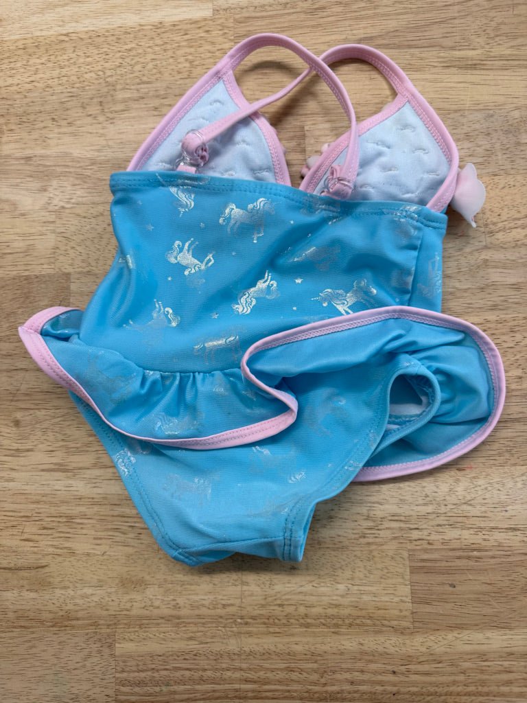 Floatimini Skirted One - Piece – 12M | Light Blue Unicorn Pink Ruffles - Nest and Sprout - Consignment