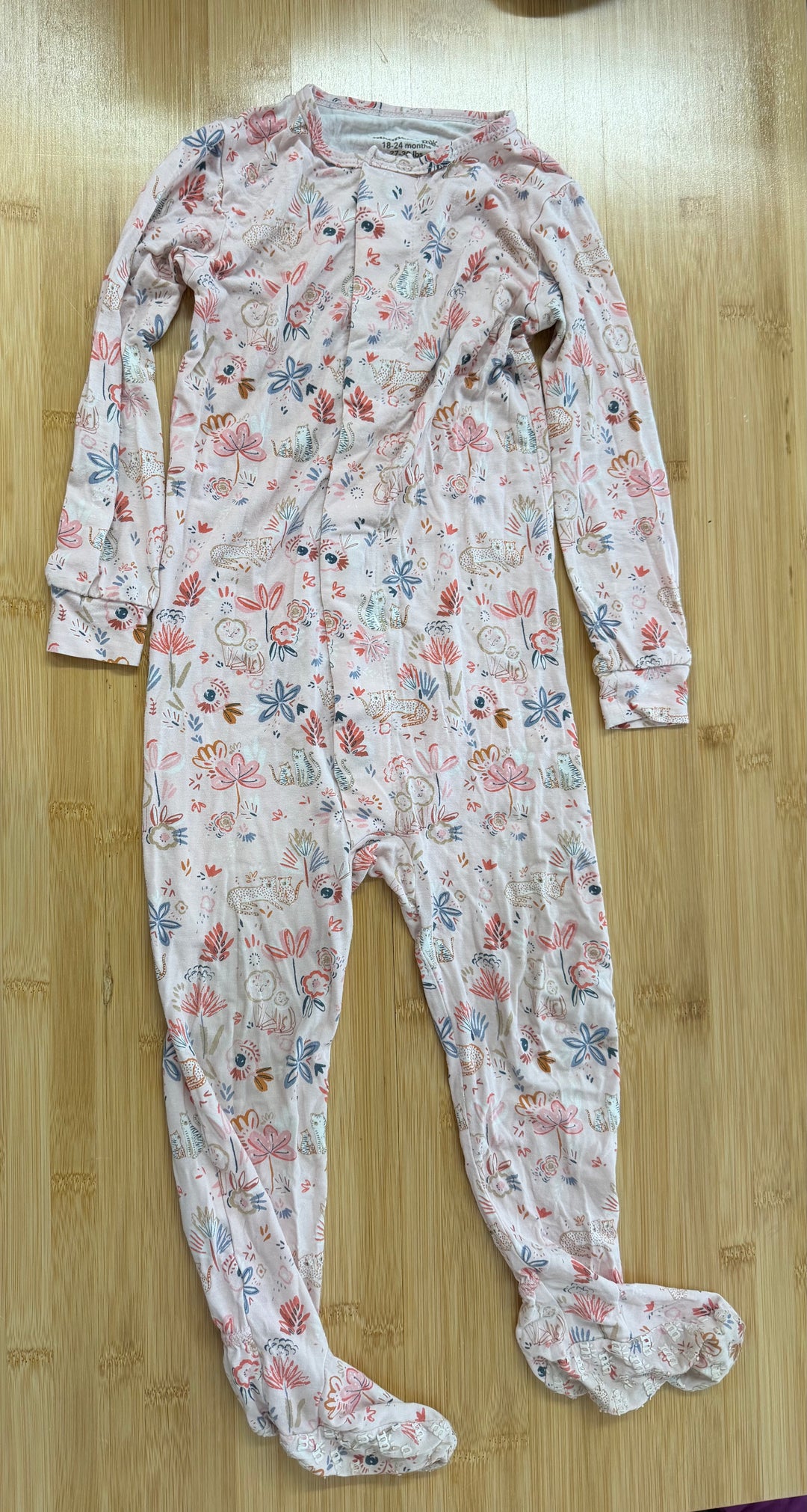 Magnetic Me Footed Sleeper – 18–24M | Light Pink Floral Lion Cat Print Magnetic Closure | Play