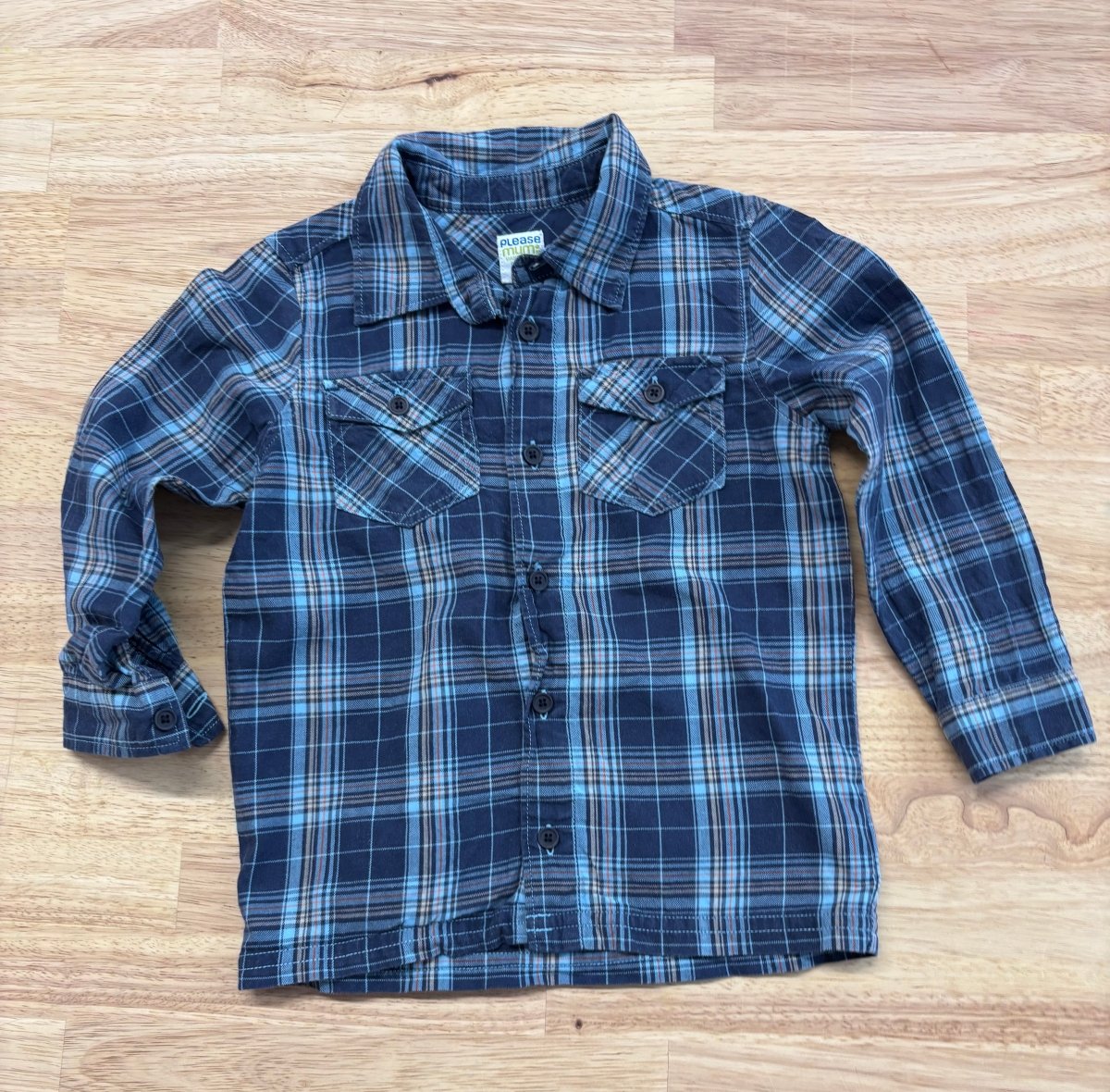 Please Mum Long Sleeve Button - Up Shirt (2T, Blue Print) - Nest and Sprout - Consignment