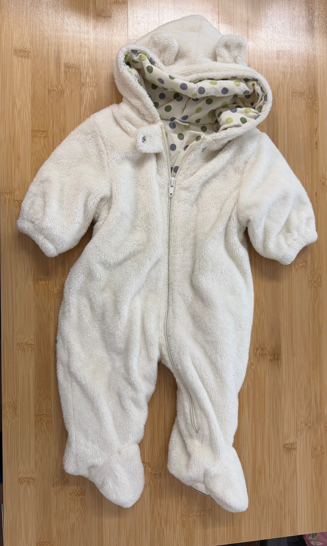 The Children's Place Footed Fleece Suit – 0–6M | Zip-Up Green Polka Dot Lining