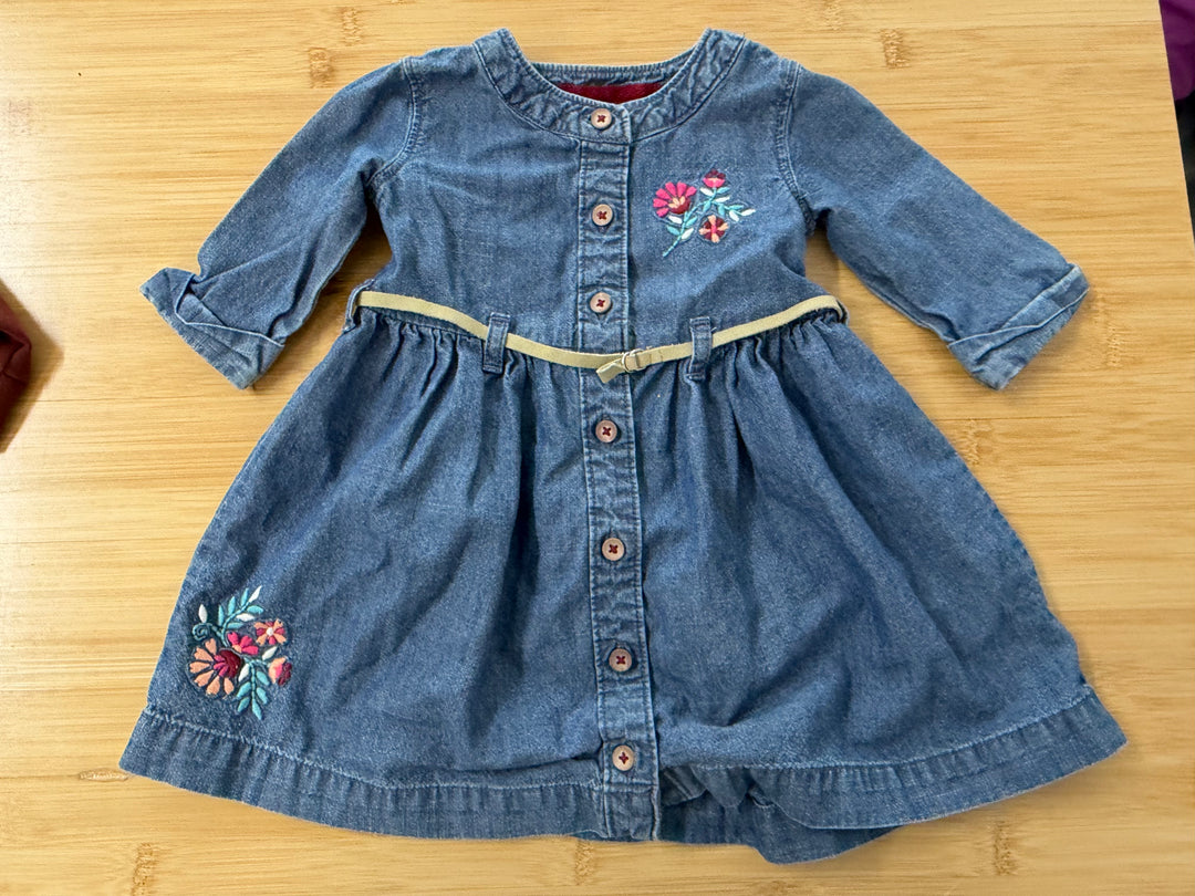 Carter's Denim Dress – 12M | Embroidered Floral Belt 3/4 Sleeve