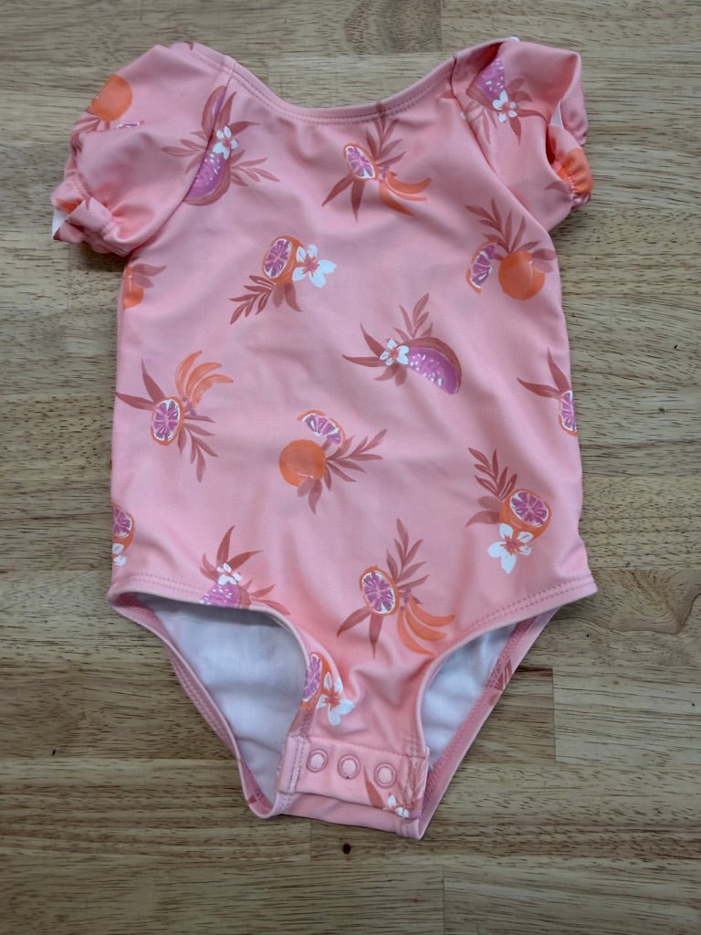 OshKosh Swimsuit – 12M | Peach Orange Print Snap Crotch - Nest and Sprout - Consignment