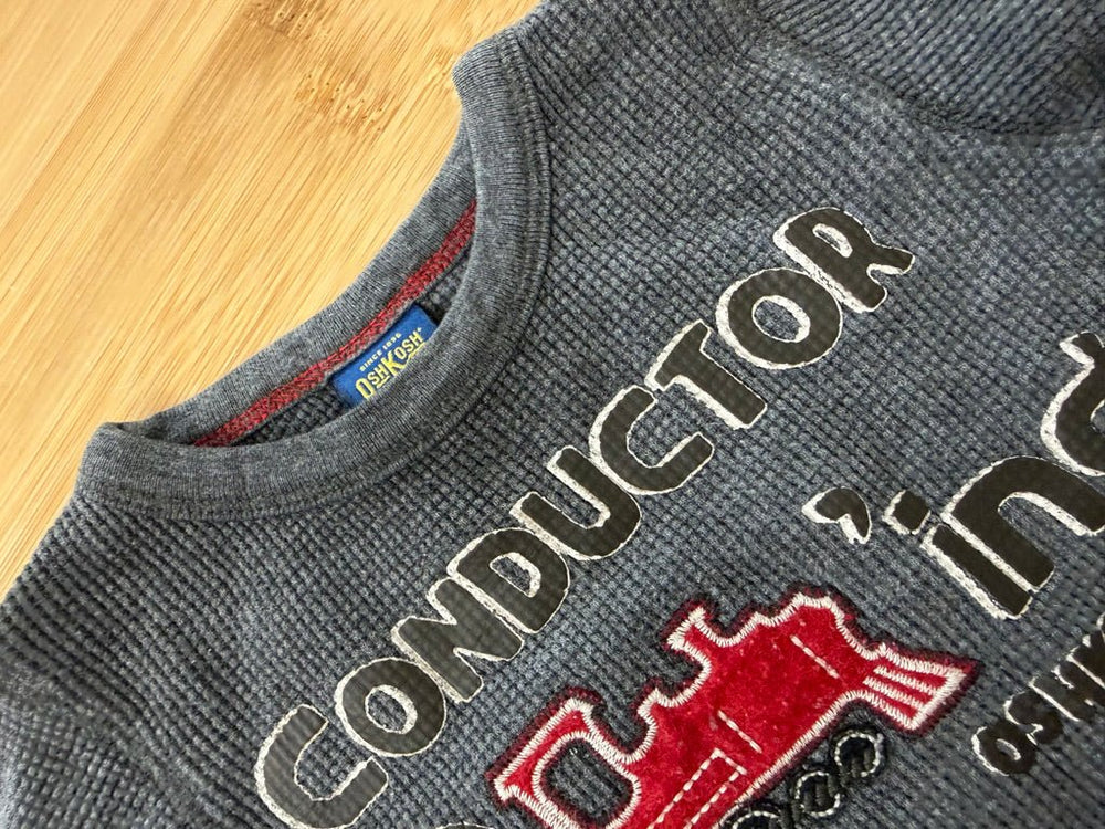 OshKosh Conductor in Training Waffle Shirt – 12M | Grey Cotton - Nest and Sprout-Consignment