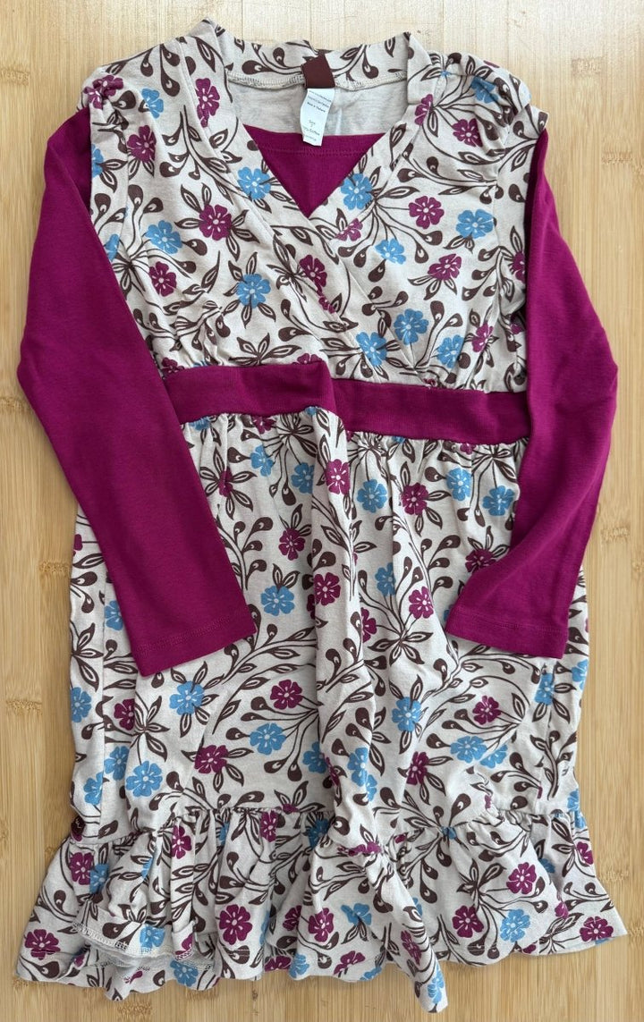 Tea Collection Dress – 7 | Oatmeal Corduroy Floral Print, Fuchsia Sleeves - Nest and Sprout-Consignment