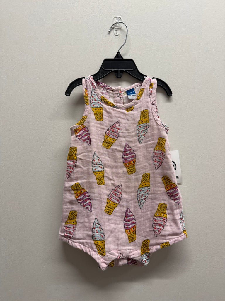 Old Navy Ice Cream Muslin Romper – 12–18M | Pink Short Snap Crotch - Nest and Sprout-Consignment
