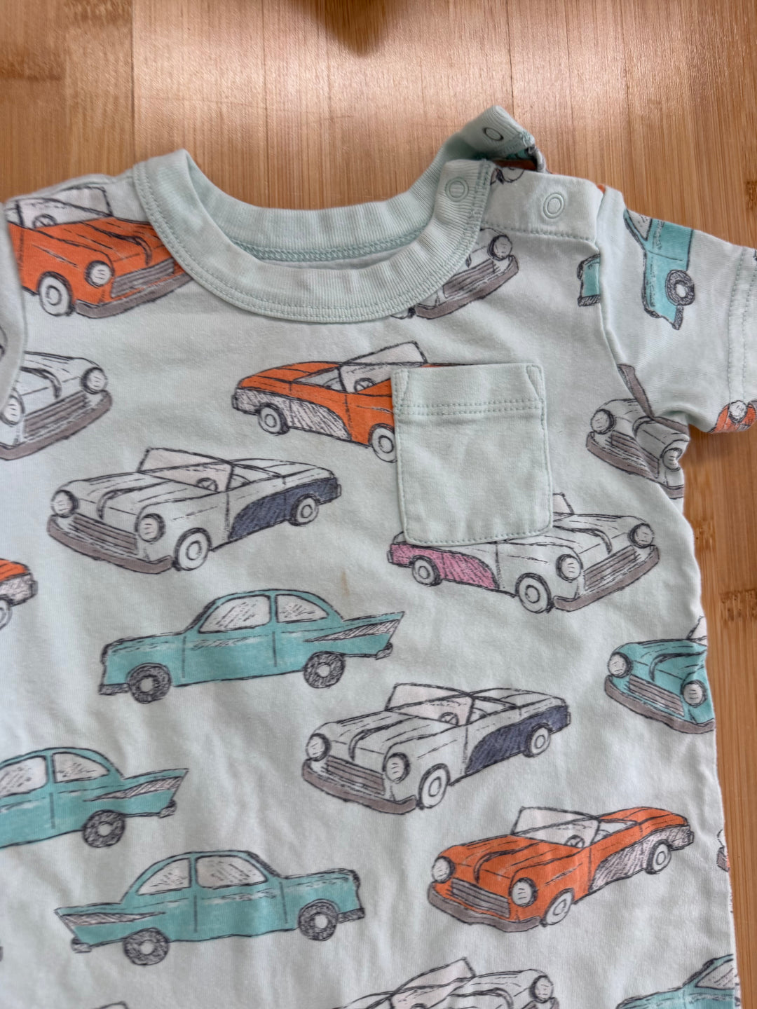 Tea Collection Old Cars Short Sleeve Romper – 9–12M | Mint | Play