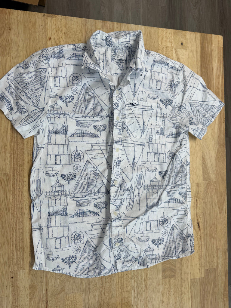 Vineyard Vines Button-Up Shirt – Youth M (7–8Y Est.) | Blue Seacoast Line Art