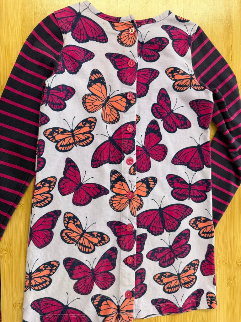 Hatley Dress – 8 | Pink Navy Stripe Sleeves Purple Butterfly Print Button-Back - Nest and Sprout-Consignment
