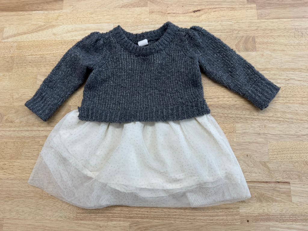 Gap Knit Tulle Ruffle Dress – 12–18M | Grey Silver Cream