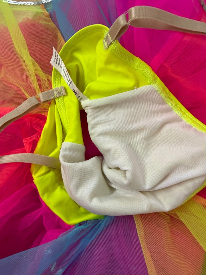 Weissman Performance Dance Wear – XSC | Yellow Sequin Bodice Neon Rainbow Skirt - Nest and Sprout-Consignment