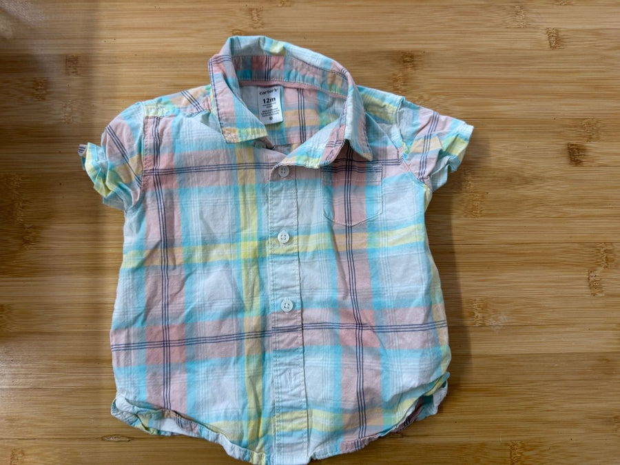 Carter's Pastel Stripe Plaid Button-Down Shirt – 12M | Pink Blue Yellow Collar Short Sleeve - Nest and Sprout-Consignment
