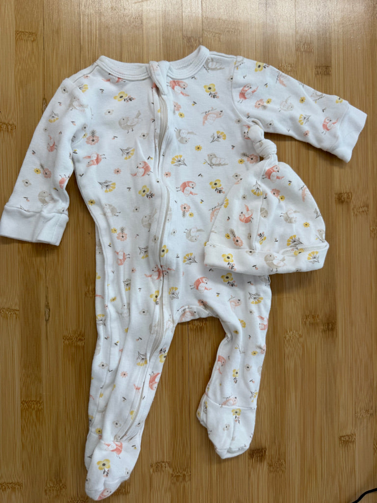 Rabbit + Bear Bird Footed Sleeper & Knotted Hat – 3–6M
