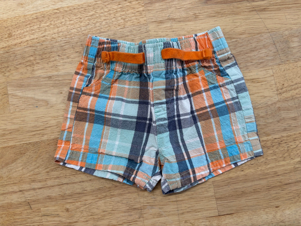 George Shorts – Size 0–3M (Plaid Blue/Orange)