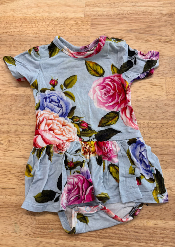 Posh Peanut 0-3 Months Blue with Roses Print Bodysuit Dress