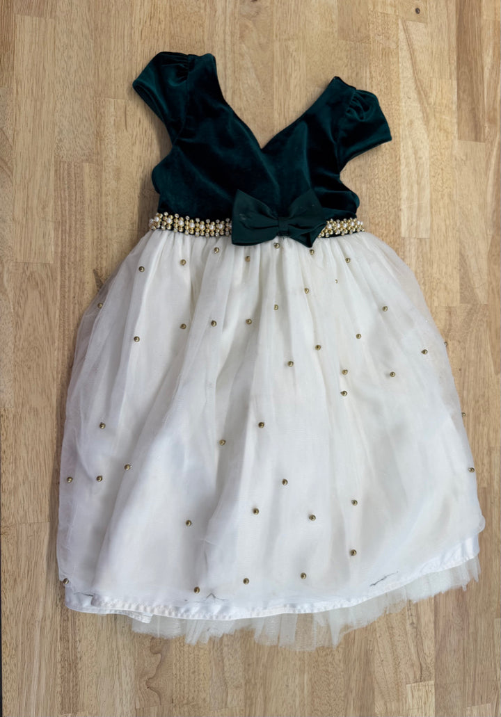 American Princess Special Occasion Dress – 6 | Green Velour Gold Bobble Tulle | AS-IS