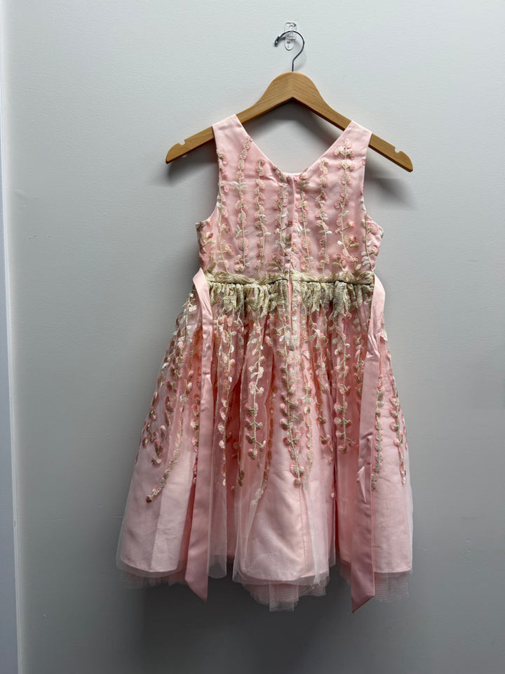Couture Princess Special Occasion Dress – 10 | Pink Gold Embroidered Overlay Back Zipper Gold Belt
