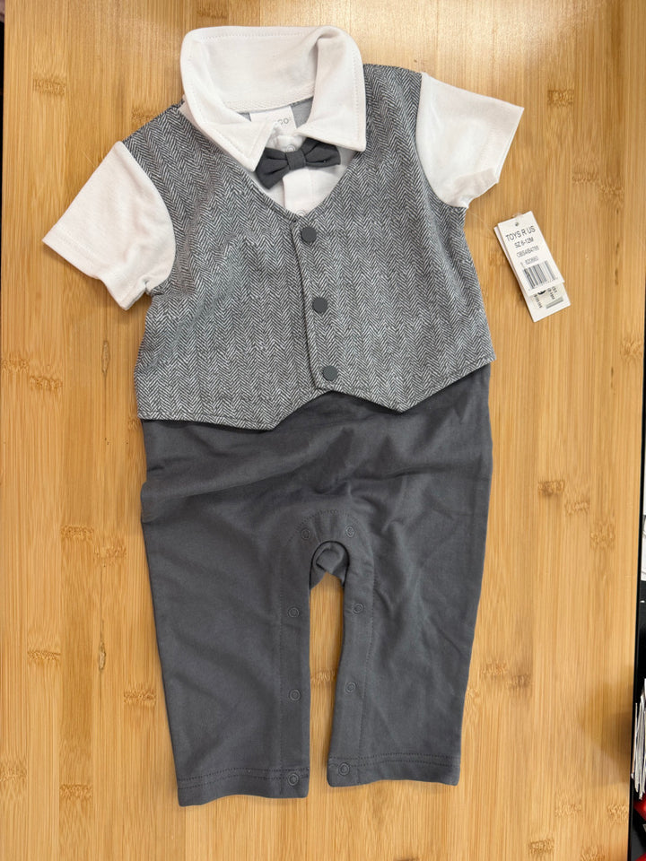 Rococo Herringbone Romper Suit – 12M | Vest Collar Grey Trouser Snap Crotch | NWT