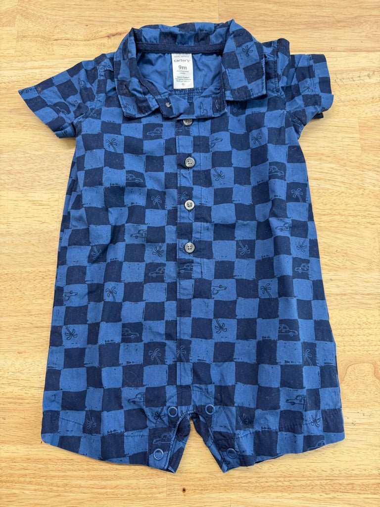 Carter's Plaid Polo Romper – 9M | Palm Tree Snap - Nest and Sprout - Consignment