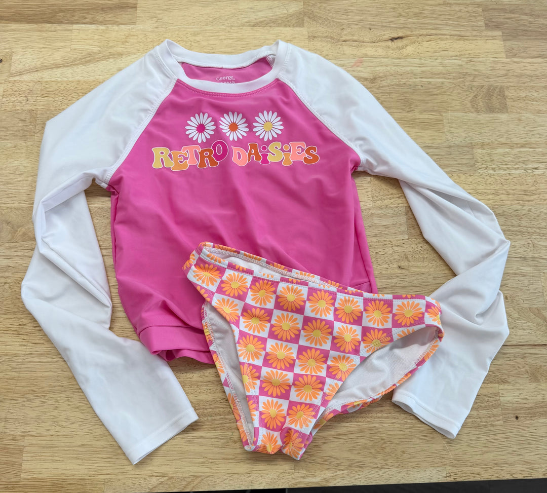 George Retro Daisy Swim Set – 10/12 | Long Sleeve Swim Shirt and Biker Bottoms | Pink and White