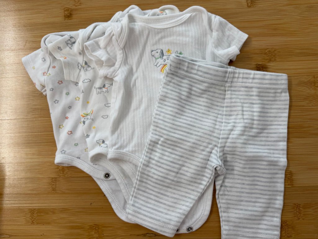 Little Me Bodysuit & Legging Set of 4 – Newborn | Grey & White Stripe Puppy Dog - Nest and Sprout-Consignment