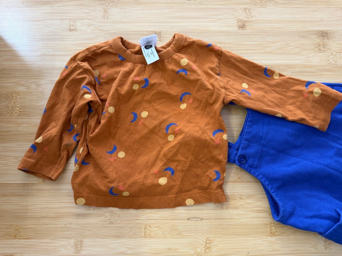 Hannah Andersson Outfit Set – 12-18 Months | Blue Overalls with Burnt Orange Shirt - Nest and Sprout-Consignment