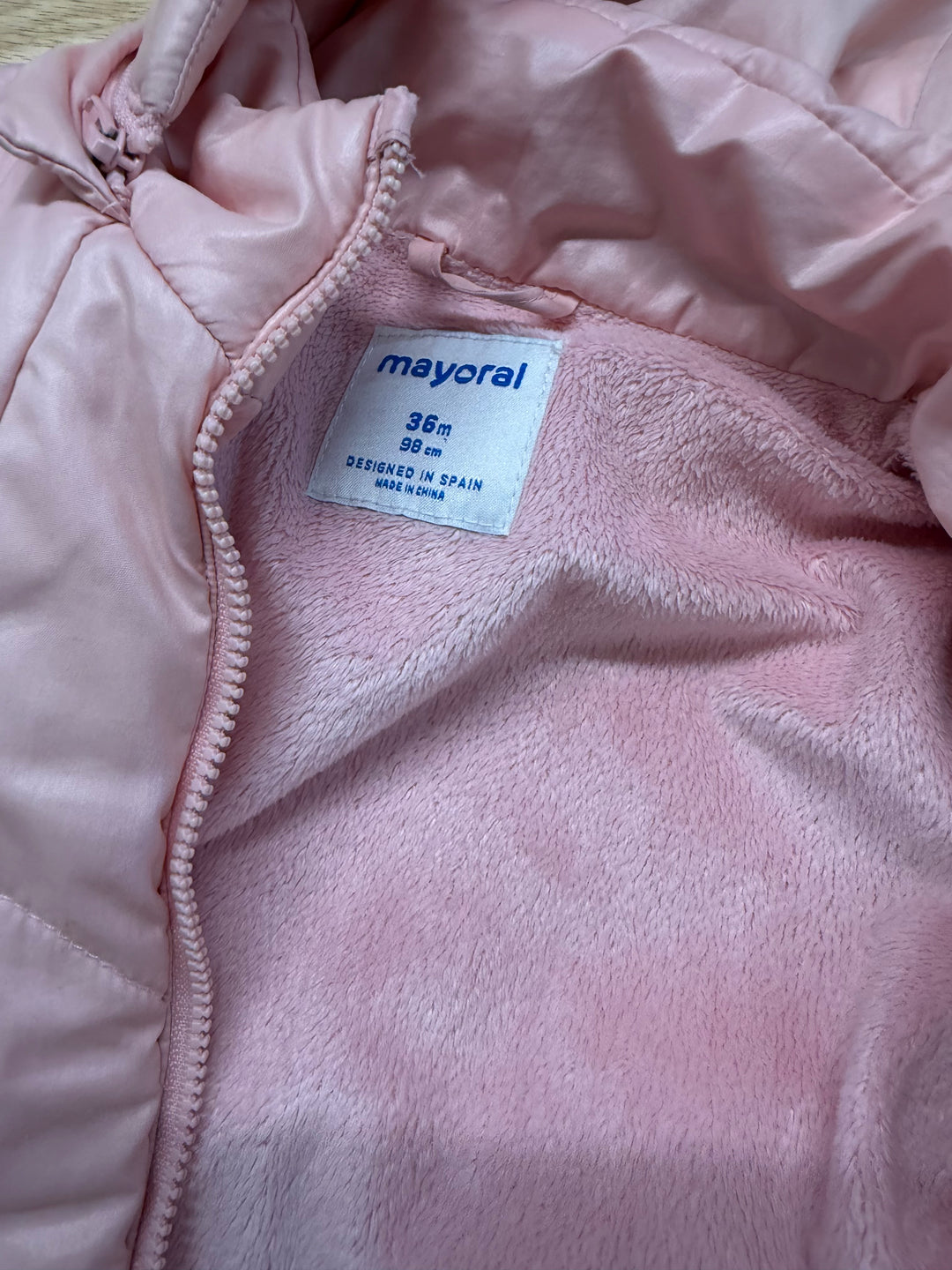 Mayoral Puffer Jacket – 36 Months (98cm) | Pink | Fleece Lined | Zip-Off Hood