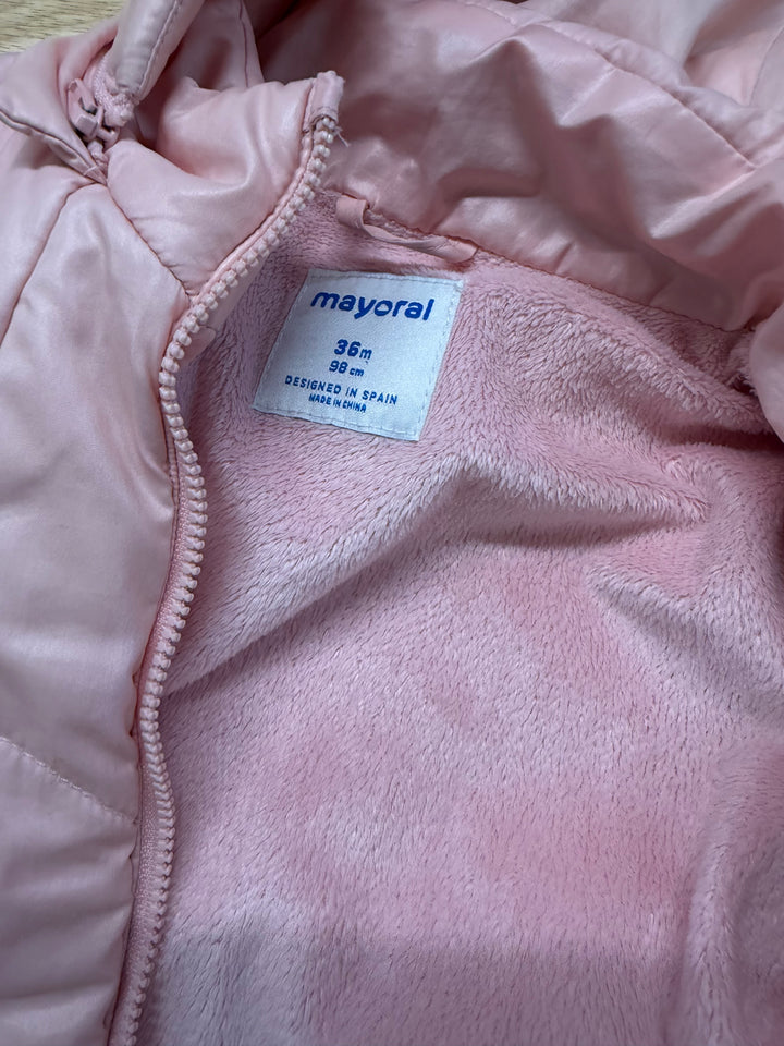 Mayoral Puffer Jacket – 36 Months (98cm) | Pink | Fleece Lined | Zip-Off Hood