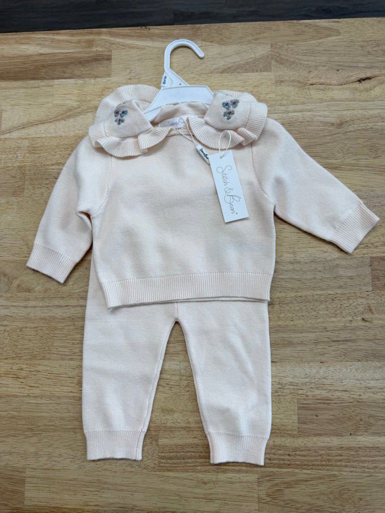 Stitch &amp; Bean Two-Piece Set – 0-3 mCream | Blue Floral Embroidery NWT