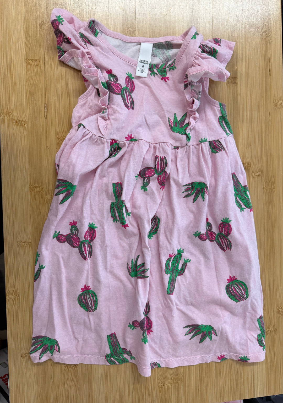 Harper Canyon Cactus Print Dress – 6 | Light Pink Ruffle Cap Sleeve