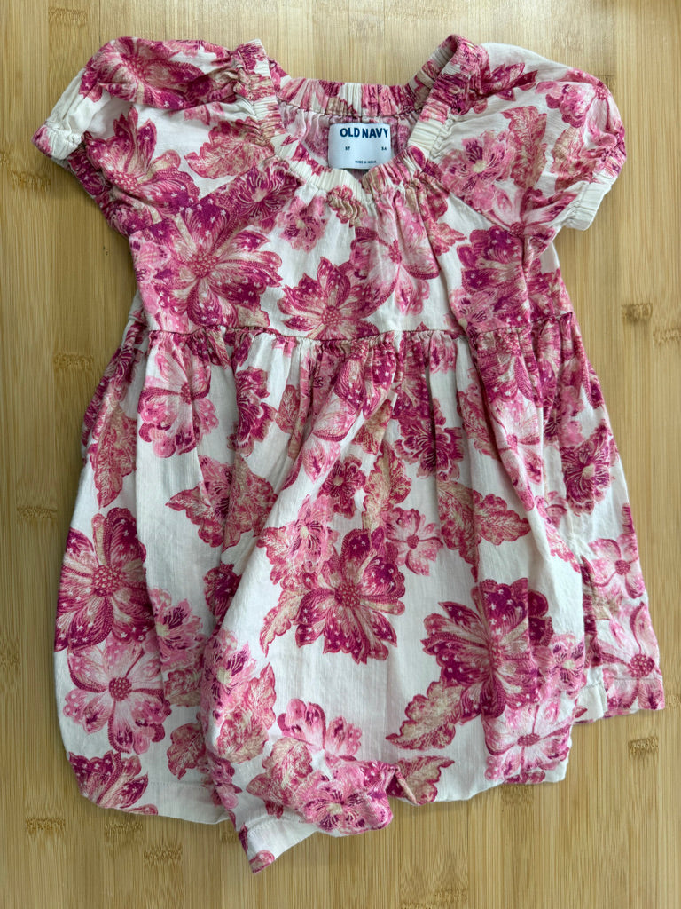 Old Navy Floral Dress – 3Y | Cream & Pink Elastic Neckline Cotton/Rayon