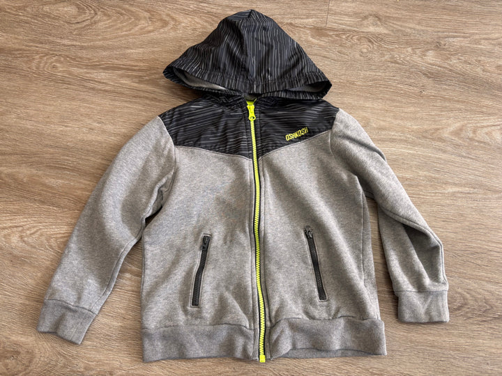 OshKosh Zip-Up Jacket – Size 7 (Grey/Black, Lime Zipper)