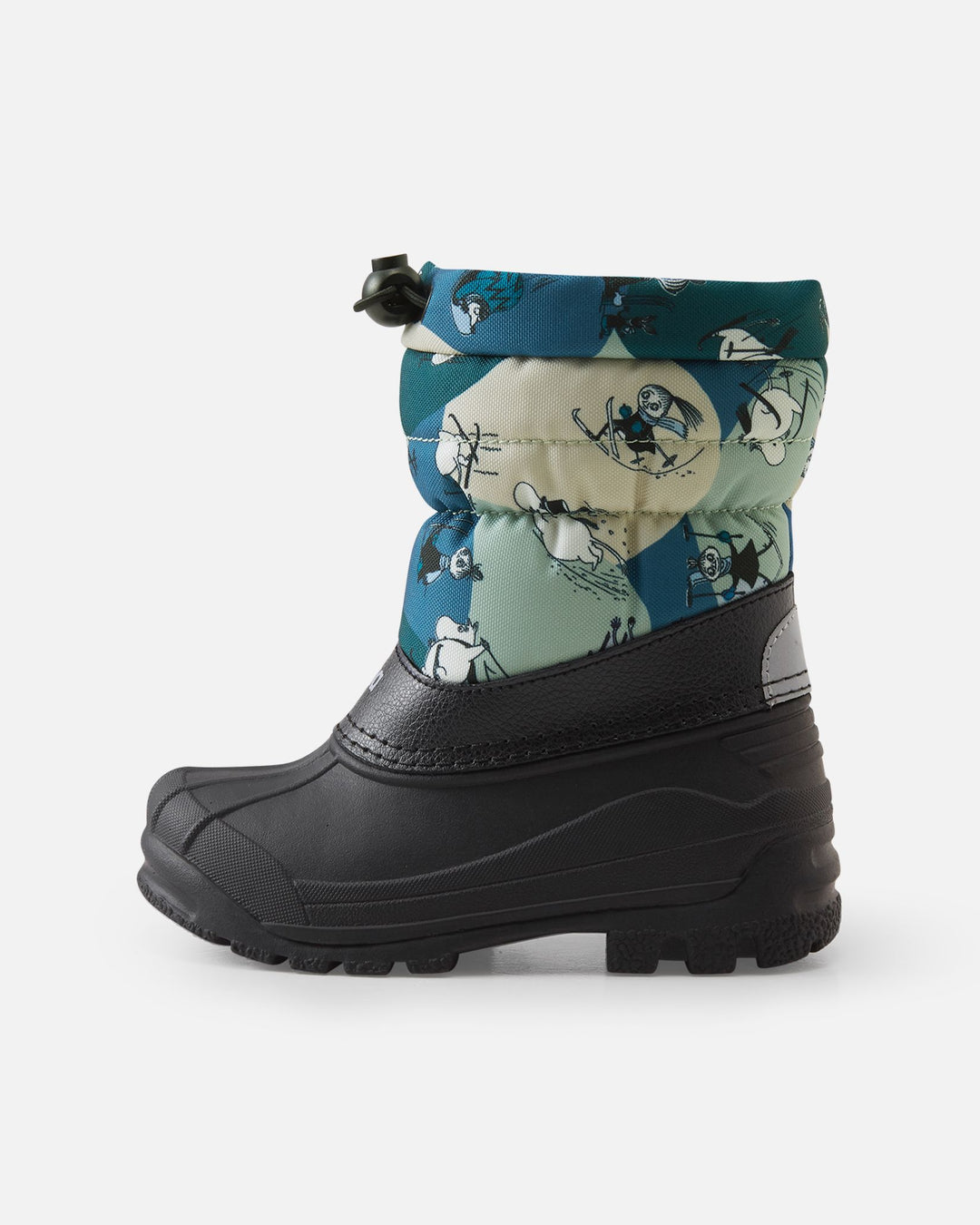 A single children's winter boot shown in side profile against a light gray studio background. The boot has a black rubber sole and upper black trim, with a patterned quilted cuff in teal, cream, and pale green featuring cartoon characters.