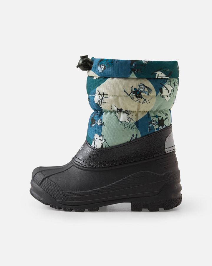 A single children's winter boot shown in side profile against a light gray studio background. The boot has a black rubber sole and upper black trim, with a patterned quilted cuff in teal, cream, and pale green featuring cartoon characters.