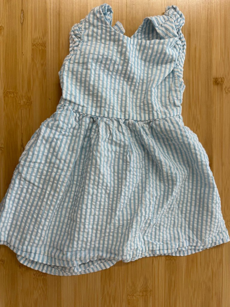 Rise Little Earthling Striped Summer Dress – 18-24M | Light Blue Vertical Stripe Ruffle Cap Sleeve - Nest and Sprout-Consignment