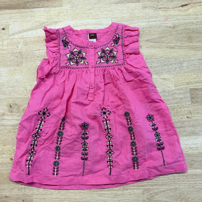 Tea Collection Pink Linen/Cotton Embroidered Dress & Diaper Cover – 18–24M | Button-Up Excellent - Nest and Sprout-Consignment