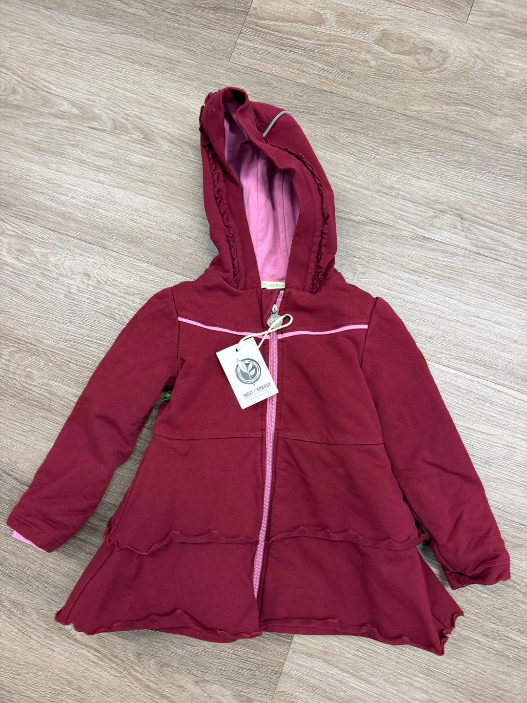 Peekaboo Beans Fleece Jacket – 2 | Burgundy Hooded with Pink Edging