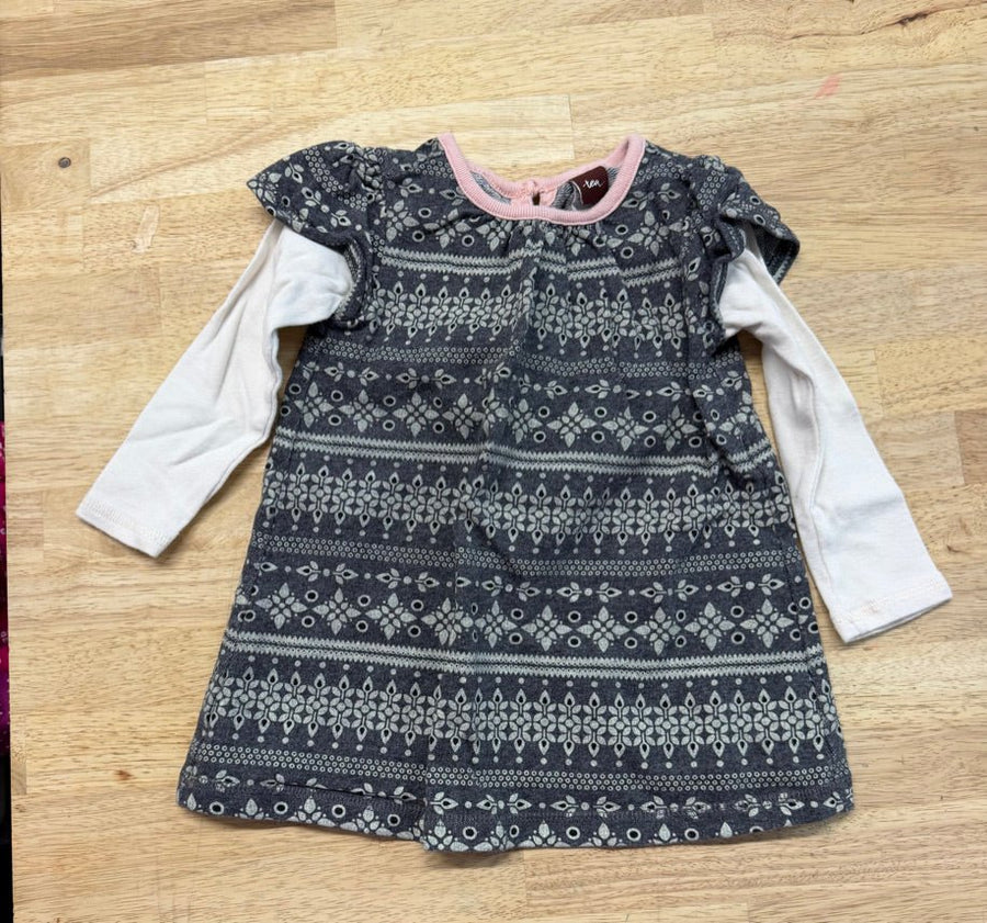 Tea Collection Grey Cream Black Dot Print Dress – 12–18M | Cream Sleeves Built-In - Nest and Sprout-Consignment