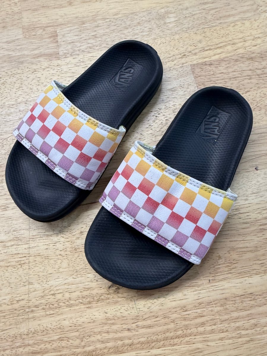 Vans Slides – 12 | Purple Red Orange Plaid - Nest and Sprout-Consignment