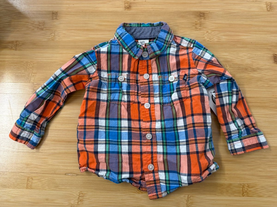 Joe Fresh Orange & Navy Button-Down Shirt – 6–12M | Short Sleeve Cotton - Nest and Sprout-Consignment