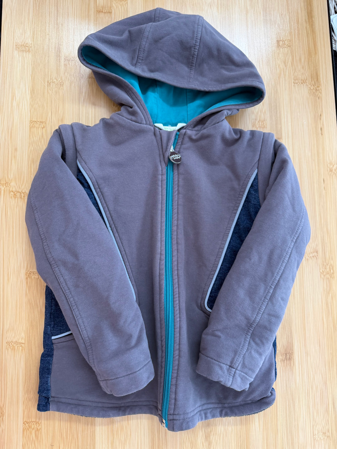 Peekaboo Beans Fleece-Lined Denim Jacket – 2 | Two-Tone Turquoise Zipper Hood Removable Zip-Off Sleeves
