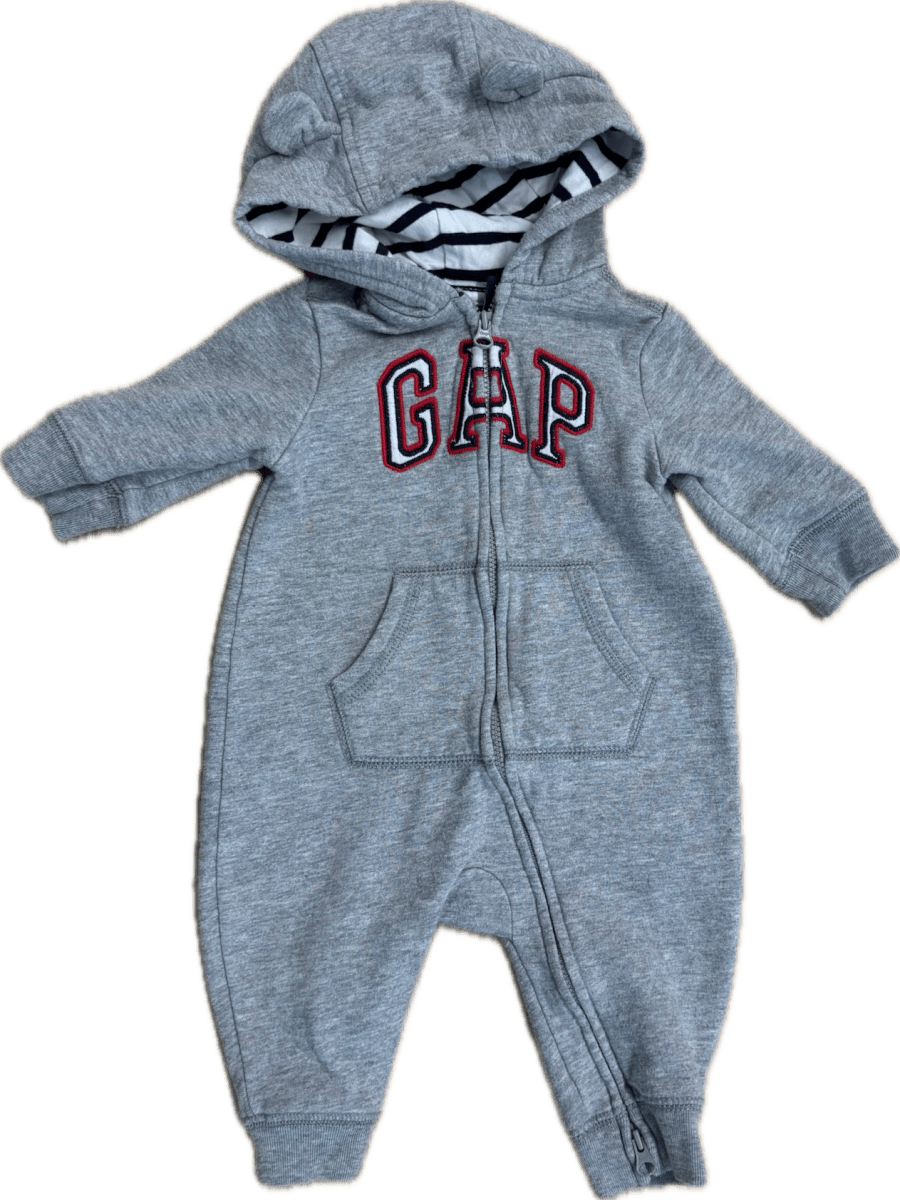 Gap 3 - 6 Month Sweatshirt Romper – Grey with Red & Blue Embroidered Text - Nest and Sprout - Consignment