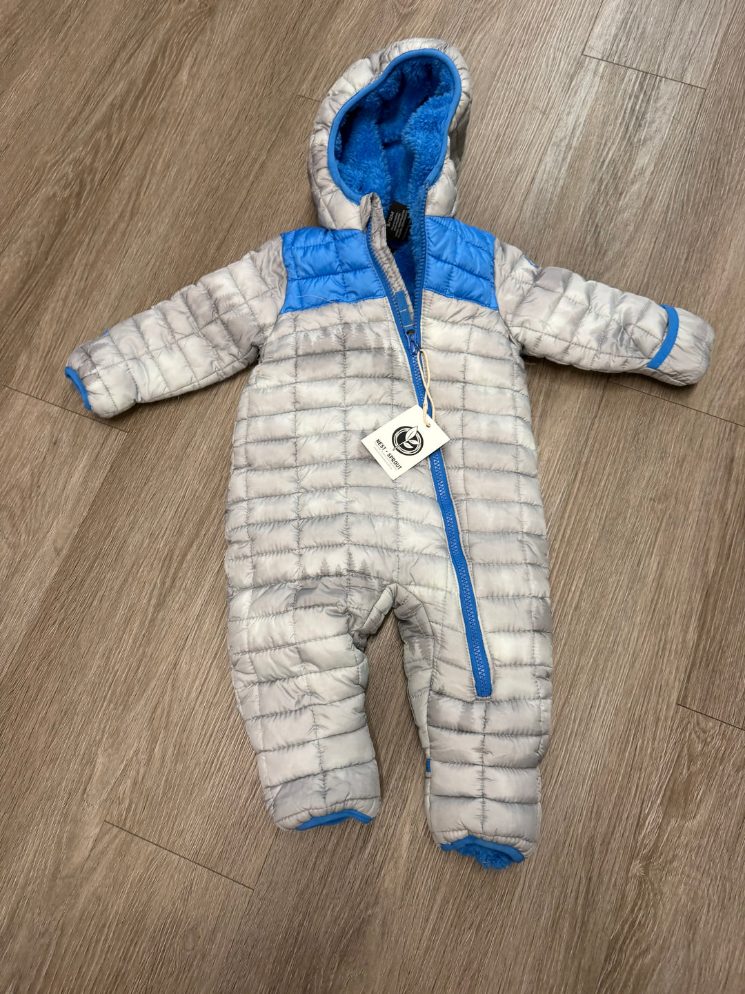 Snozu Quilted Insulated Snowsuit – 9–12M | Grey & Blue Fold-Over Hands & Feet
