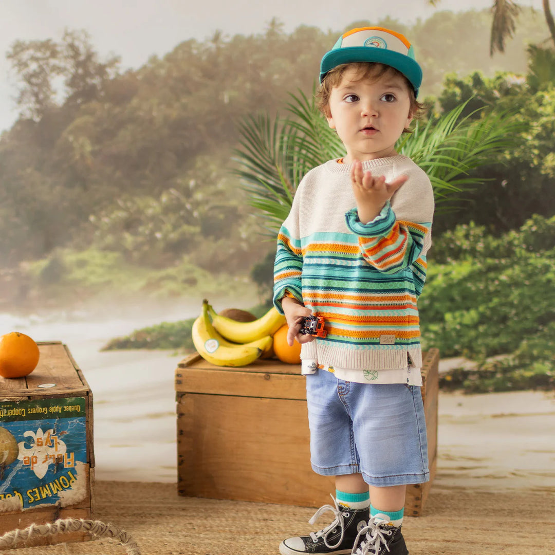 Souris Mini Beige Knit Sweater with Colourful Stripes