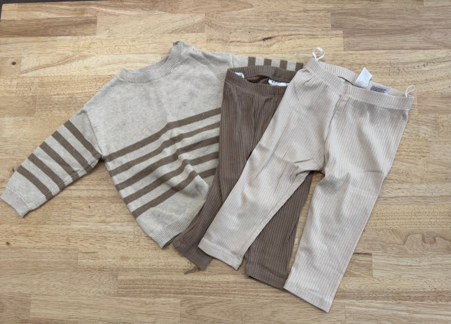 H&M Knit Brown Sweater & Legging Set – 12M | Brown Stripe Sweater + 2 Ribbed Leggings - Nest and Sprout-Consignment