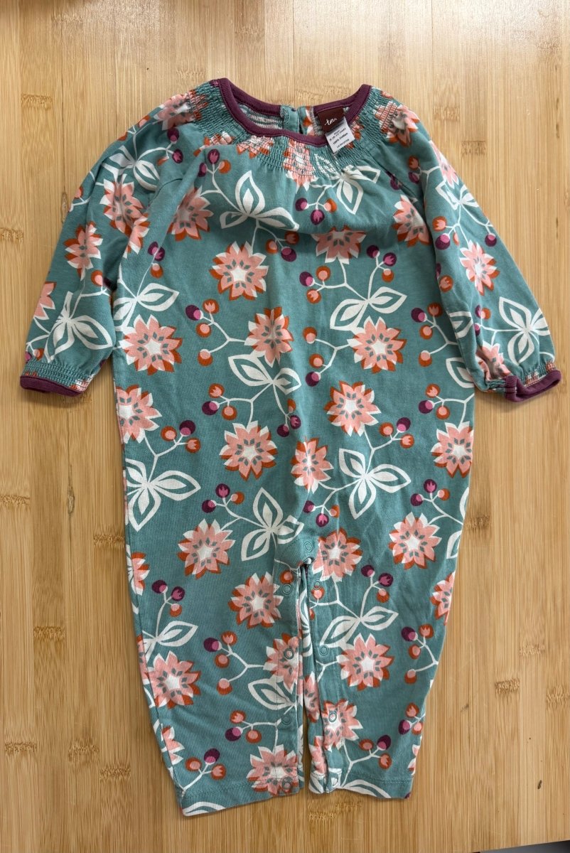 Tea Collection Romper – 6-12 Months | Large Floral Print | Smocked Neckline | Oversize Fit - Nest and Sprout-Consignment
