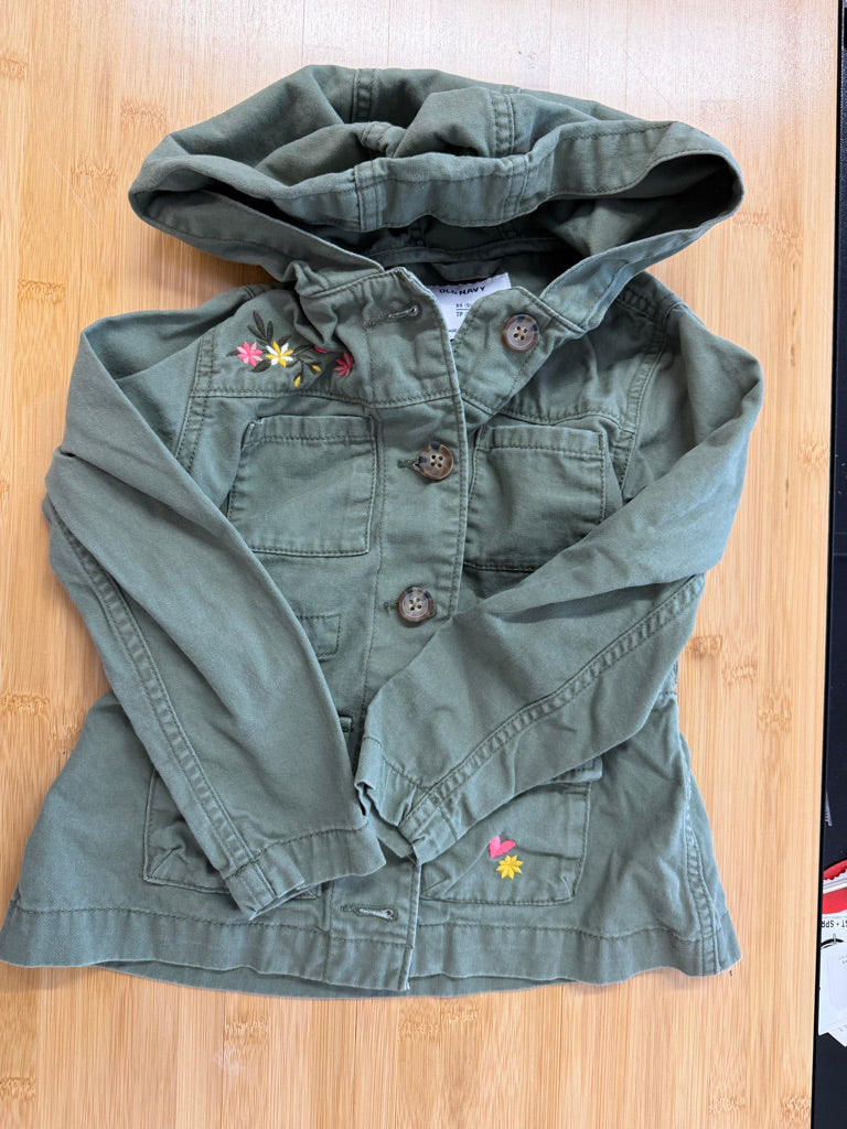 Old Navy Canvas Jacket – 5 (XS) | Army Green Floral Embroidery Button-Up