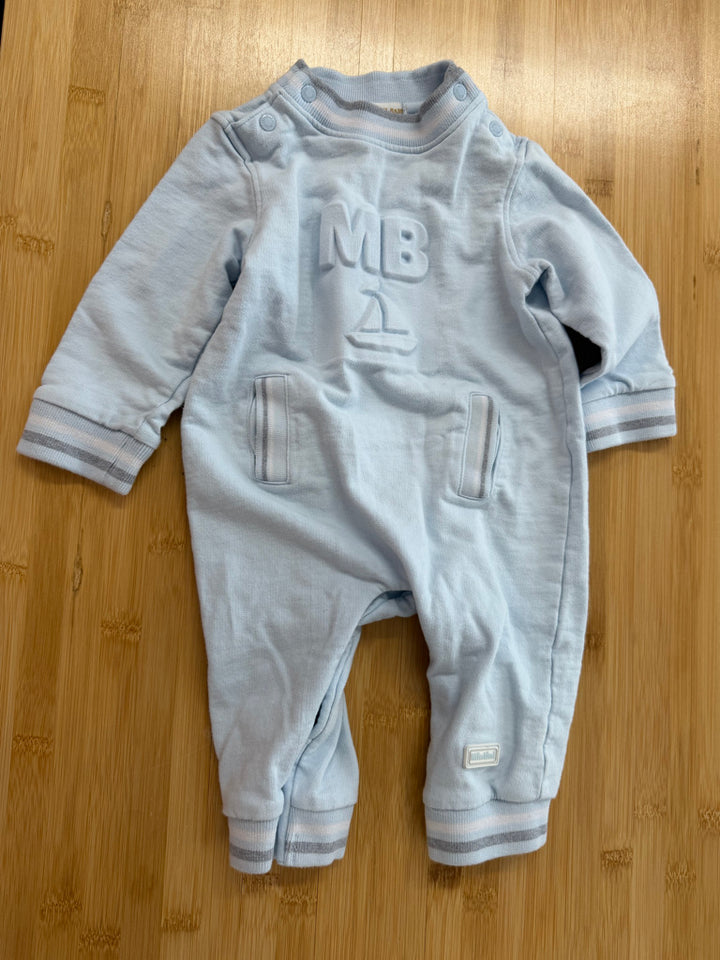 Minitini Long Sleeve Romper – 9M | Light Blue Sailboat Punched Detail Pockets Snap Bottom