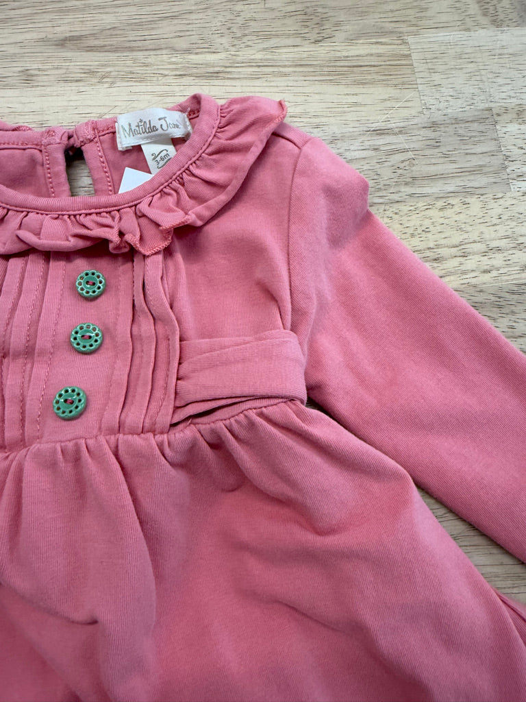 Matilda Jane Dress – 3–6M | Pink Ruffle Neckline Long Sleeve