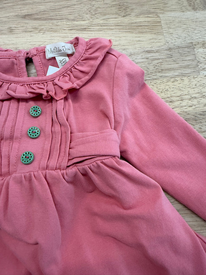 Matilda Jane Dress – 3–6M | Pink Ruffle Neckline Long Sleeve